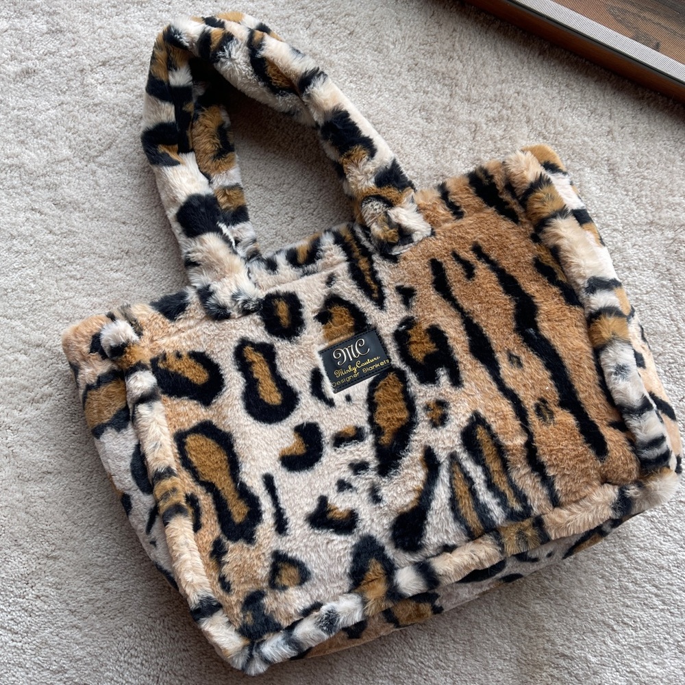 Faux Fur Leopard Print Tote - Tan/Black/Cream